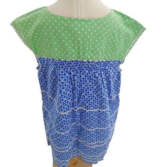 Smocking & rickrack green polka dots & blue cotton dress size 6 - Picture 5 of 9